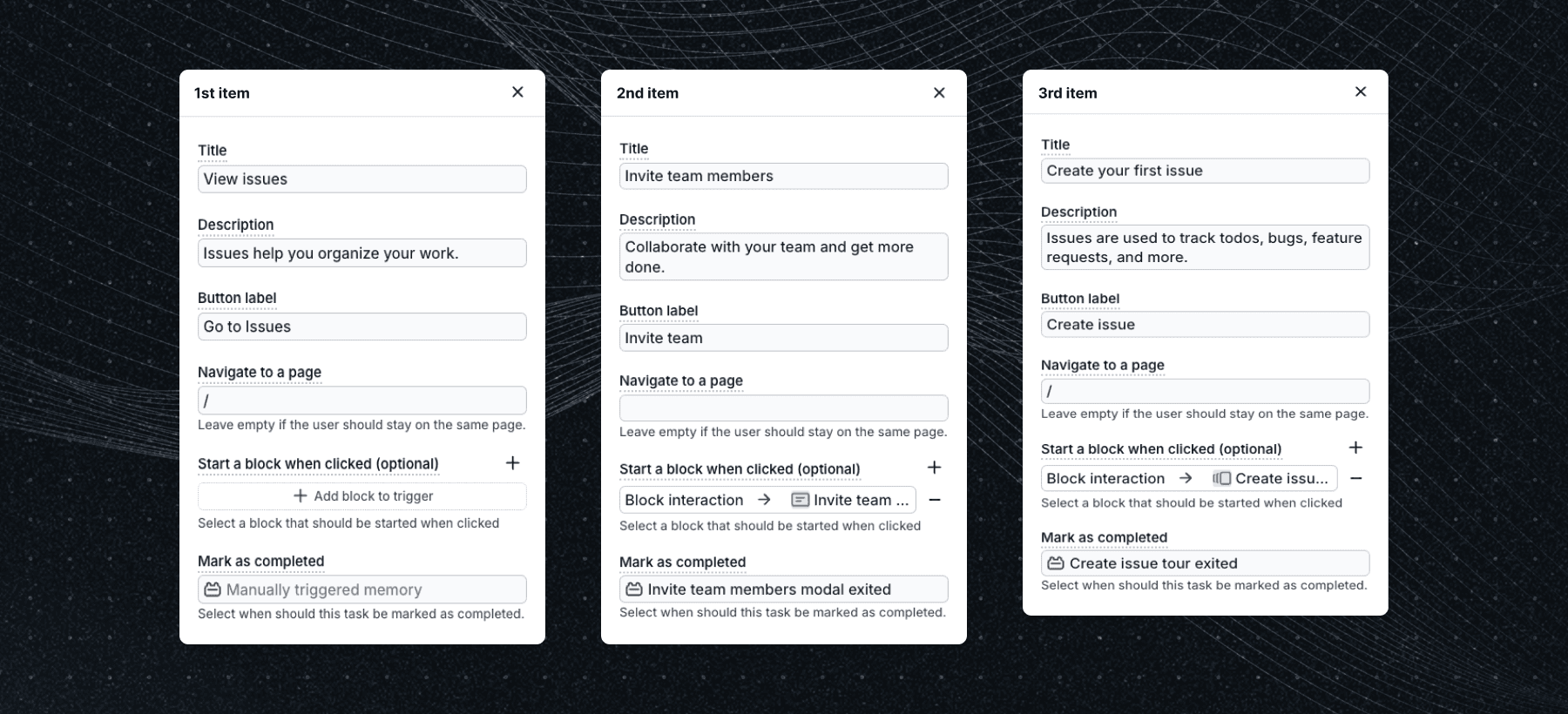 Checklist item configuration