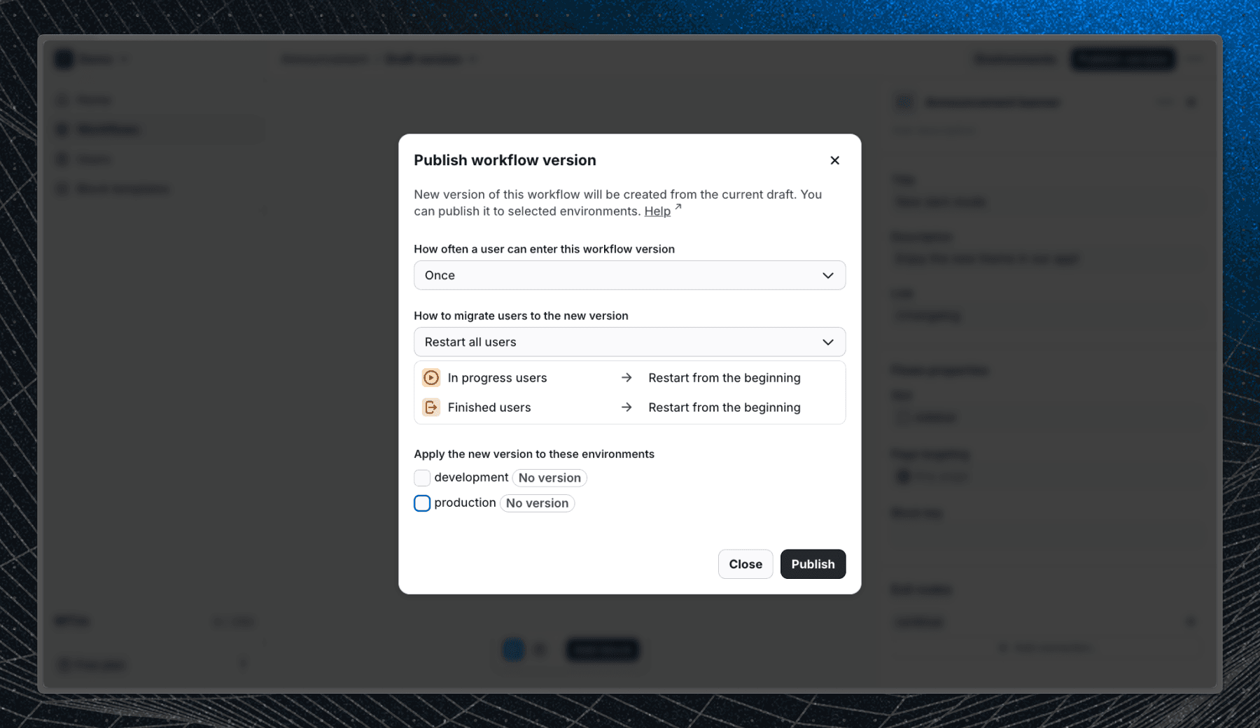 Screenshot of the restart all users migration option in Flows