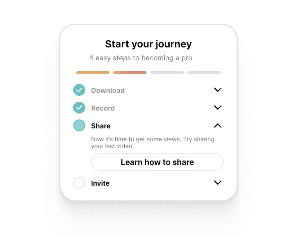 A floating checklist widget guiding a new user through onboarding steps