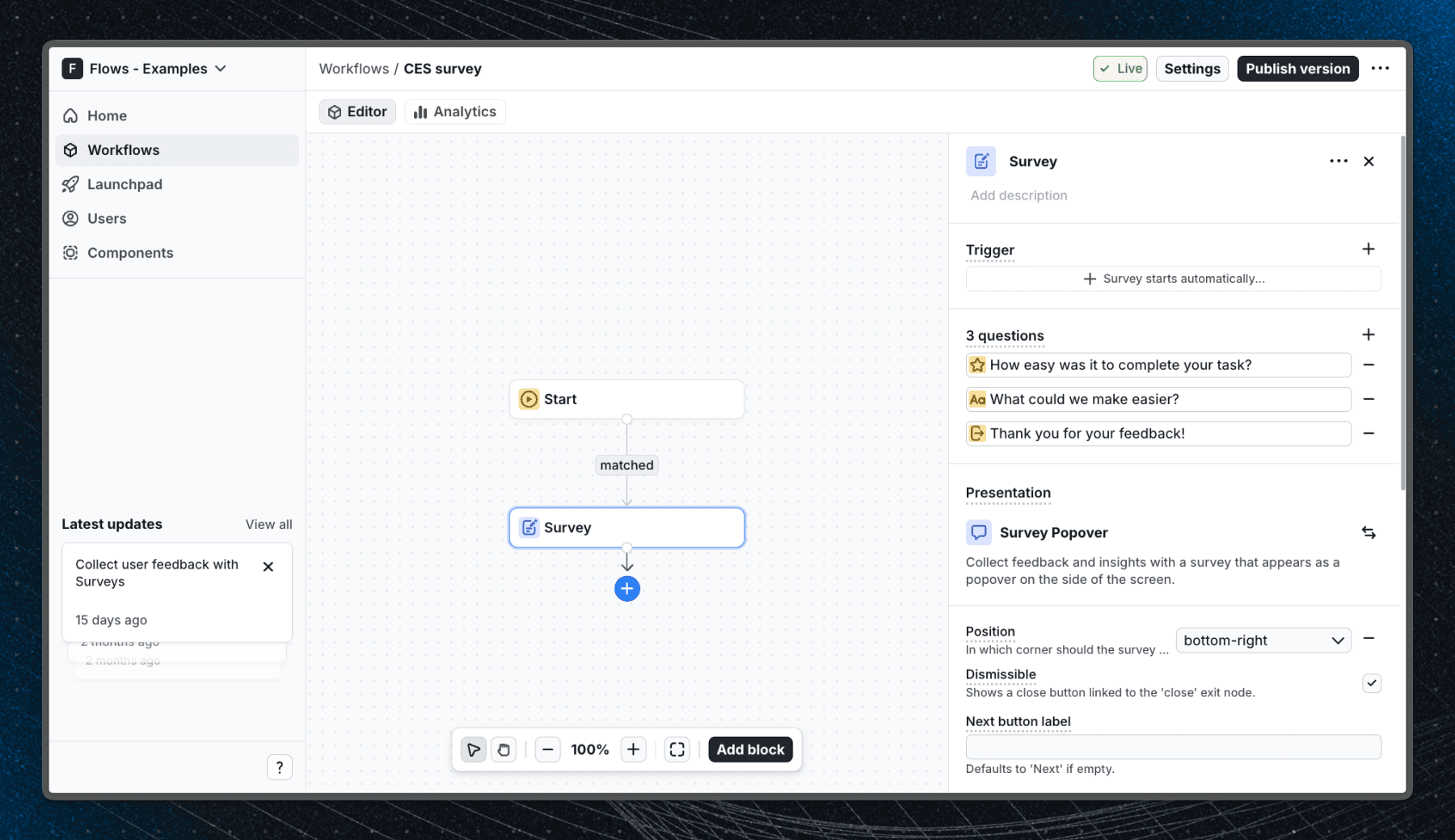 Flows workflow setup for the CES survey example: effort rating, follow-up freeform, and thank-you end screen