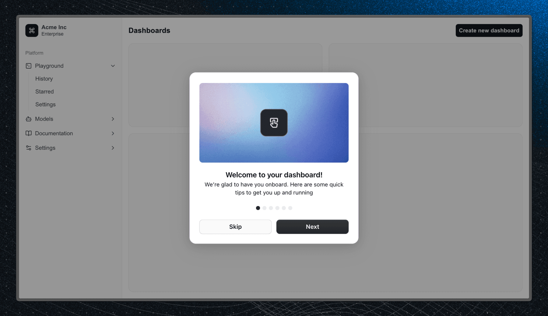 An example of a product tour modal in an application