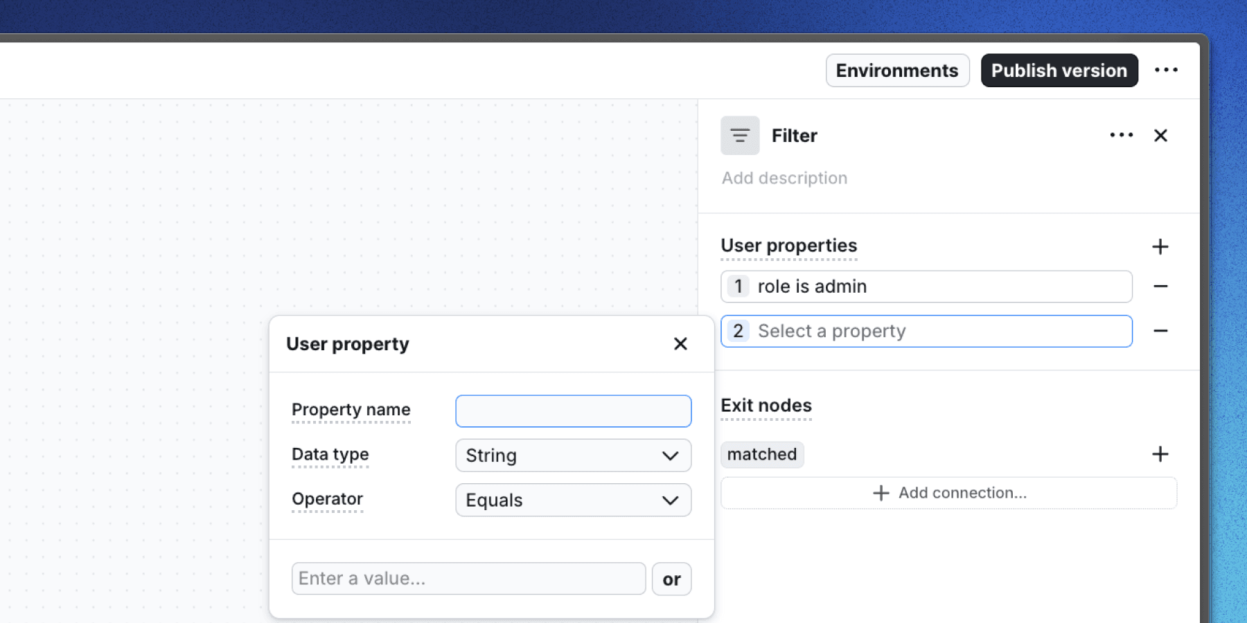 Screenshot of the user properties settings in Flows