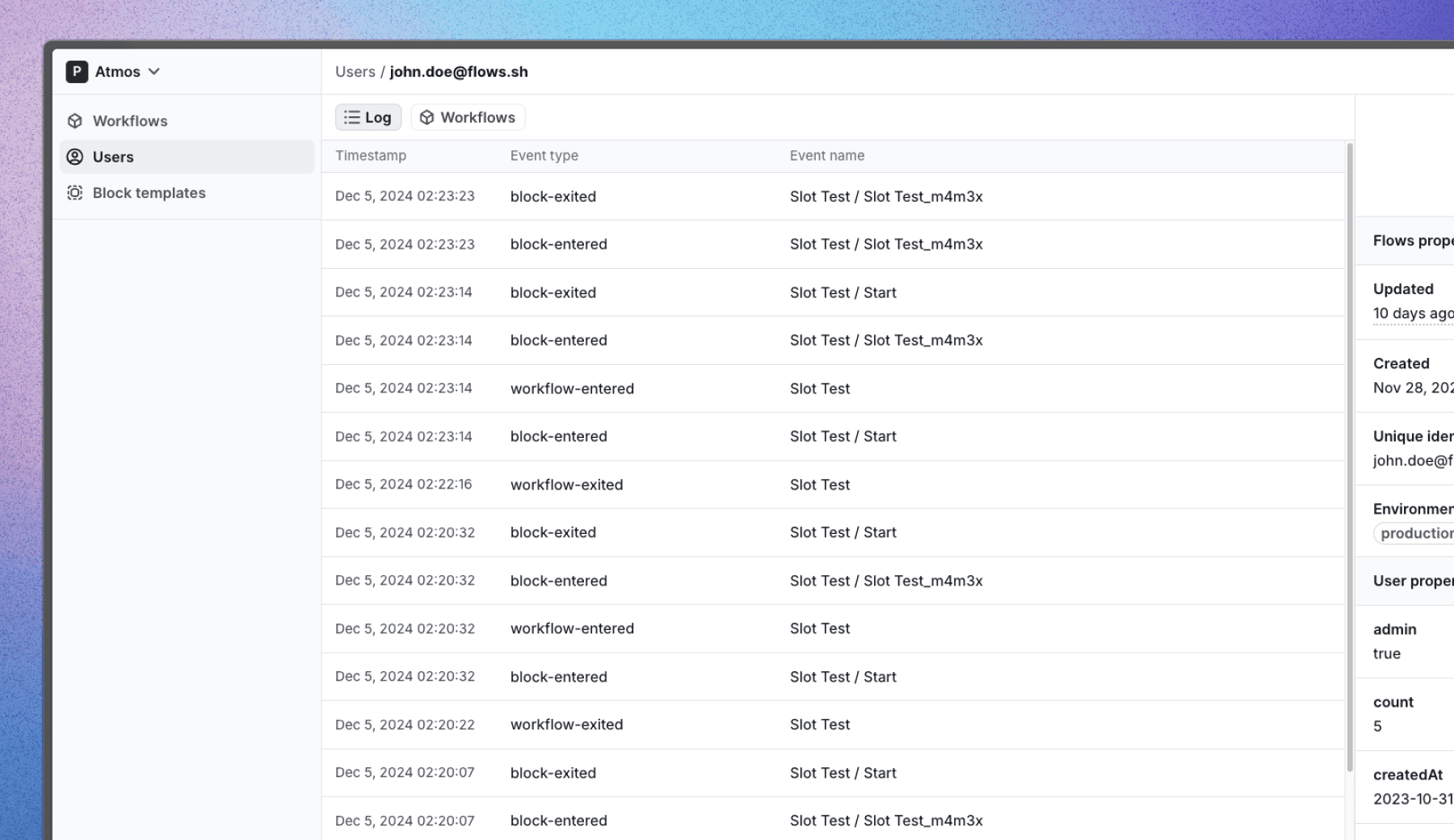 Screenshot of the user state tracking in Flows